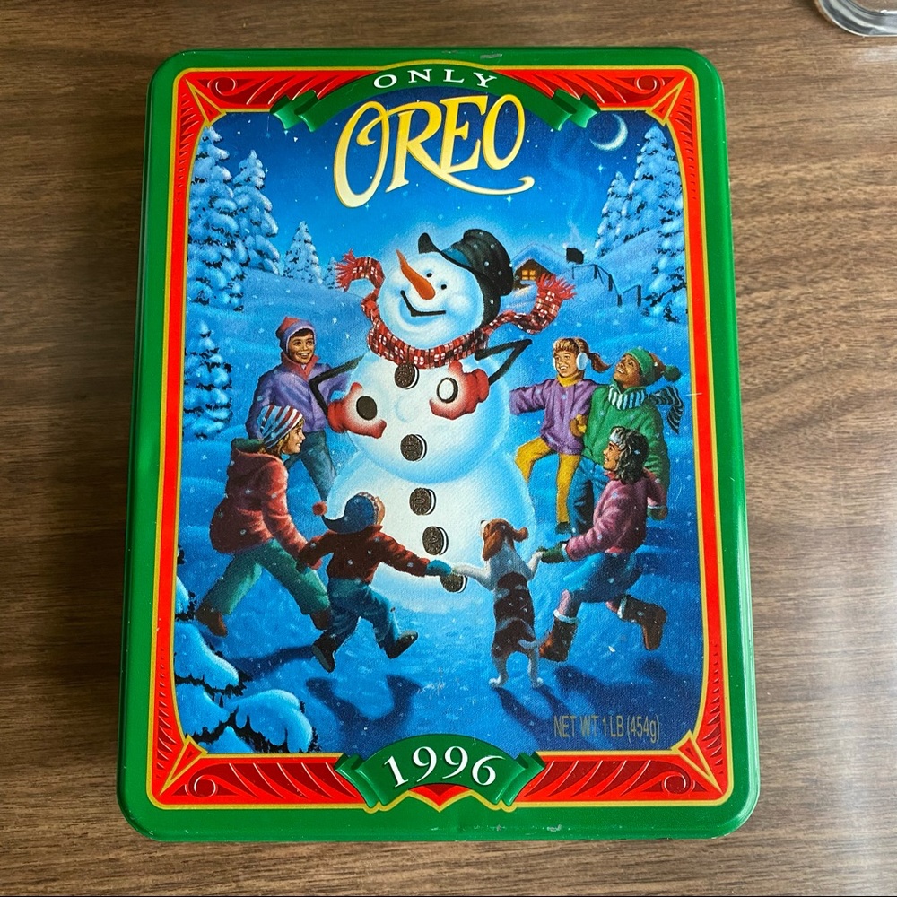1996 Christmas Holiday Empty Tin Oreo Snowman Children Vintage